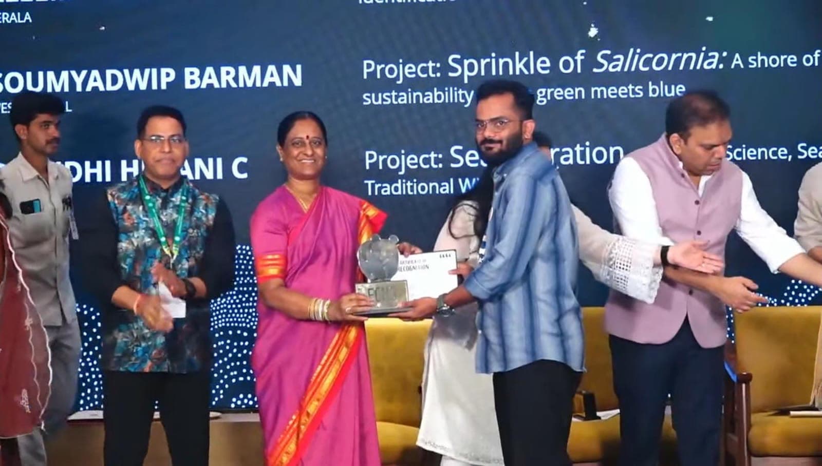 Receiving the ECHO Youth Innovation Challenge award, run by WWF India, for work on coastal restoration and biological invasion.
