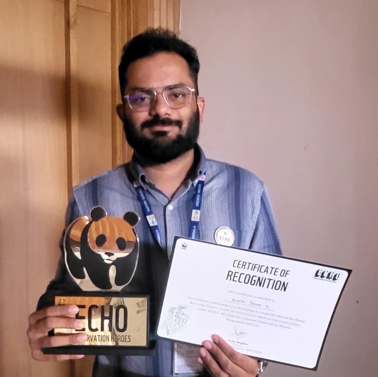 The ECHO Conservation Heroes trophy and certificate, awarded under WWF India's Building Environment Conservation Heroes programme.