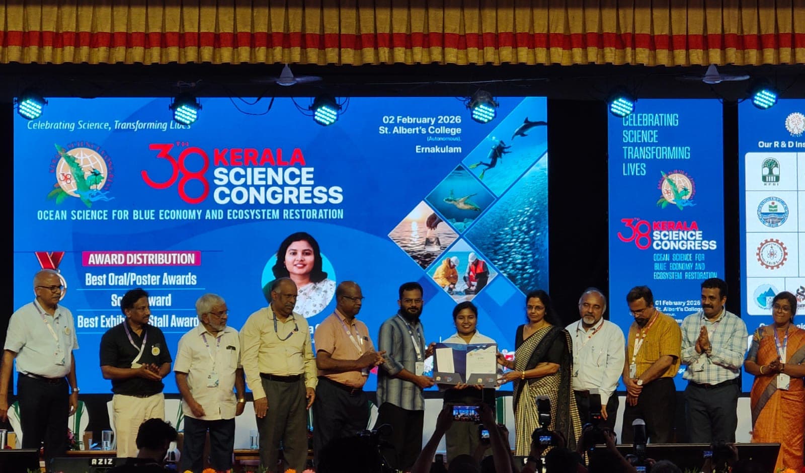 Award distribution at the 38th Kerala Science Congress, St Albert's College, Ernakulam, February 2026.